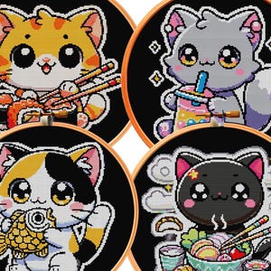 May include: Four round embroidery hoops featuring different cute cartoon animal designs. The designs include a cat eating sushi, a cat drinking boba tea, a cat eating a fish, and a cat eating ramen.