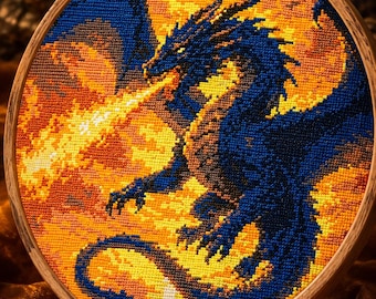 Dragon Large Cross Stitch Pattern: Fiery Breath Embroidery Design (PDF Download) Medieval Gothic Mysthical Xstitch Dark Academia Decor Goth