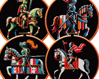 Paquete de 4 patrones PDF de punto de cruz gótico, bordado, caballo, caballero, medieval, macabro, espeluznante, romántico, moderno, diseño fácil, lindo y divertido.