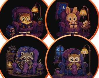 Conjunto de 4 patrones de punto de cruz en formato PDF: Mapache acogedor, búho, conejo, chimenea, café, libros, estrellas. Decoración infantil rústica y encantadora con temática de bosque.