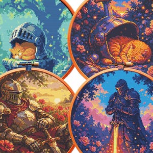 SET of 4 Large Medieval Cross Stitch Patterns BUNDLE PDF Knight Sword Cats Poppies Gothic Mysthical Xstitch Dark Academia Decor Goth Art