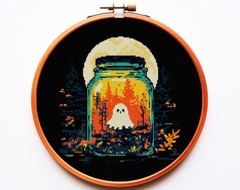 Patrón de punto de cruz gótico moderno PDF Bordado Fantasma en un frasco Botella Madera Boho Brujería Arte de punto de cruz Espeluznante Pequeño Lindo Divertido Xstitch