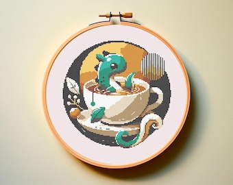 Tea Dragon Cross Stitch Pattern PDF Easy Little Cute Animals Fun Book Bookwarm Cozy Chibi Anime Kawaii Fairy Tale Instant Download Xstitch