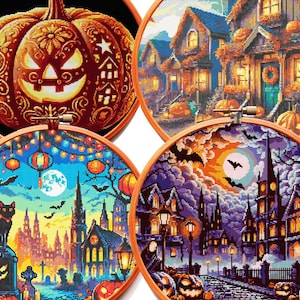 SET van 4 Halowe- en kruissteekpatronen BUNDEL PDF Stad spookhuiskat vleermuis macabere spookachtige raaf torenkraai grappig donker volledige dekking groot