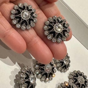 Elegant Black Enamel and Crystal Rhinestone Buttons - 23mm Decorative Shank Buttons for designers (set of 5)