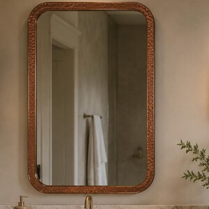 Hammered Copper Wall Mirror, Rounded Rectangle Bathroom Vanity Mirror, Moroccan Entryway Mirror, Handmade Custom Size