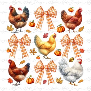 May include: Watercolor illustration featuring chickens, pumpkins, fall leaves, and orange gingham bows. The image has a fall harvest theme with a white background. The text "Mystic Made Design" is in the background.