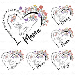 Könnte beinhalten: Ein Satz von fünf herzförmigen Designs mit floralen Akzenten und Handabdrücken. Jedes Design trägt einen anderen Titel: Mama, Oma, Mama, Nanny und Gigi. Die Designs sind schwarzweiß mit bunten floralen Akzenten.