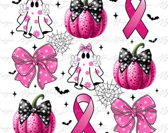 Coquette Pumpkin Breast Cancer Png, Breast Cancer Awareness Png, Halloween Breast Cancer Png, Breast Cancer Coquette Bow Png, Pink Bow Png