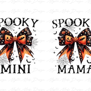 May include: Two black and orange Halloween-themed bows with the text "Spooky Mini" and "Spooky Mama" on a white background.