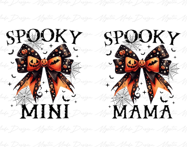 May include: Two black and orange Halloween-themed bows with the text "Spooky Mini" and "Spooky Mama" on a white background.