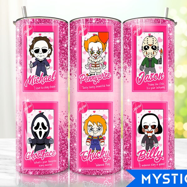 Movies Characters 20oz Tumbler Png, Horror Characters Tumbler 20oz Png, Pink Halloween 20 oz Tumbler Wrap, 20 oz Skinny Tumbler Png