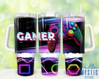 Gamer 40oz Tumbler Png, Neon Game Tumbler 40oz Png, Gaming 40 oz Tumbler Wrap, Game Controller 40 oz Tumbler Png Sublimation
