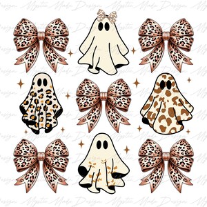 May include: Nine digital illustrations of ghosts and bows. The ghosts are white with black eyes and mouths. The bows are brown and black with a leopard print pattern. The background is white.