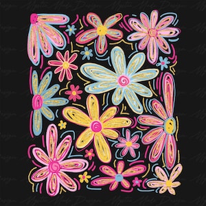 May include: A digital illustration of a cluster of colorful flowers with gold glitter accents on a black background. The flowers are drawn in a whimsical style with swirling lines and petals.