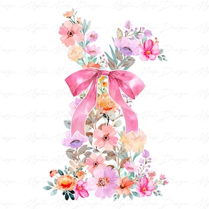 May include: A watercolor illustration of a pink bow with a bouquet of flowers in shades of pink, purple, yellow, and orange. The flowers are arranged in a vertical shape, resembling a vase.