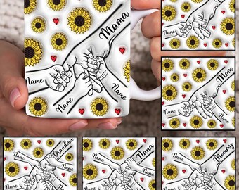 Anpassad 3D-uppblåst mugg för upp till 6 barn som håller mammas hand, mall för mammas 30 cl mugg, blommig 30 cl mugg för mamma, kaffemuggar för mors dag, png