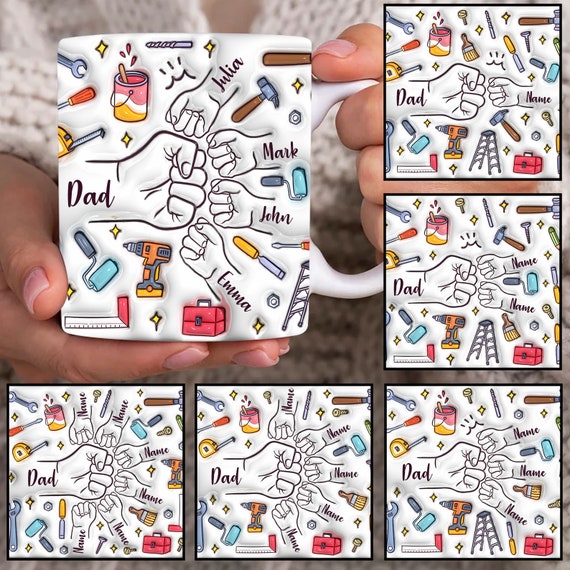 Personalized Dad Fist Bump Mug Wrap, Dad 3D Inflated 11oz Mug Template, Fathers Day 11oz Mug Png, Father Coffee Mugs Png, Custom Dad Mug Png
