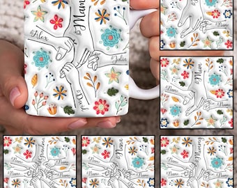 Anpassad 3D-uppblåst mugg för upp till 6 barn som håller mammas hand, mall för mammas 30 cl mugg, blommig 30 cl mugg för mamma, kaffemuggar för mors dag, png