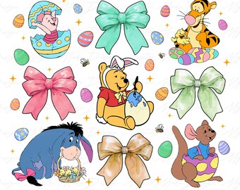 Puede incluir: Un conjunto de 10 imágenes de clipart digital con temática de Pascua que presentan a Winnie the Pooh, Tigger, Piglet, Eeyore y un conejito. Las imágenes incluyen lazos, huevos y abejas. Las imágenes están en un estilo de dibujos animados y son perfectas para manualidades y scrapbooking.