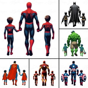 Puede incluir: Ilustración digital de superhéroes y niños tomados de la mano. La imagen presenta a Spider-Man, Batman, Hulk, Superman, Iron Man y Capitán América con niños. Cada superhéroe se representa de espaldas, tomados de la mano de dos niños.