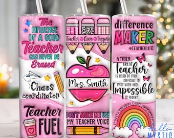 Custom Pink Teacher 3D Inflated 20oz Tumbler Png, Teacher Life Tumbler 20oz Png, Teacher 20 oz Tumbler Wrap,3D Puff 20 oz Skinny Tumbler Png