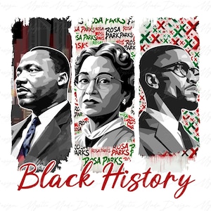 May include: Black and white portrait of Martin Luther King Jr., Rosa Parks, and Malcolm X. The background is a red, white and green pattern with the words "Rosa Parks" repeated in a graffiti style.