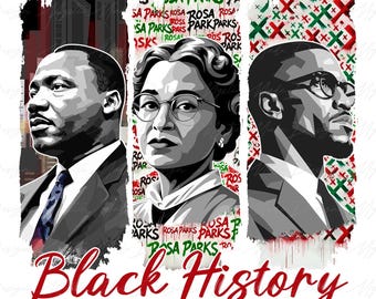 May include: Black and white portrait of Martin Luther King Jr., Rosa Parks, and Malcolm X. The background is a red, white, and green pattern with the words "Rosa Parks" repeated in a graffiti style.