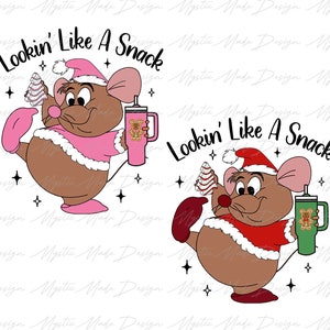 May include: Two cartoon mice wearing Santa hats and holding mugs. The mouse on the left is pink and the mouse on the right is red. Both mice are holding mugs with a bear design. The text "Lookin' Like A Snack" is written above each mouse.