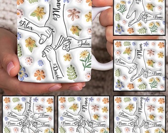 Anpassad 3D-uppblåst mugg för upp till 6 barn som håller mammas hand, mall för mammas 30 cl mugg, blommig 30 cl mugg för mamma, kaffemuggar för mors dag, png