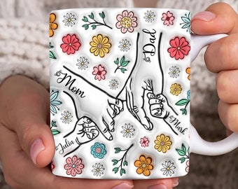 Custom Family Holding Hands 3D Inflated Mug Wrap, Mama 11oz Mug Template, Mom Floral 11oz Mug Png, Mothers Day Coffee Mugs Png