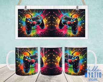Envoltório de caneca de jogador, controlador de jogo modelo de caneca de 11 onças e 15 onças, caneca de 11 onças para jogos Png, caneca de 15 onças Png, canecas de café Png, envoltório de designs de prensa de caneca