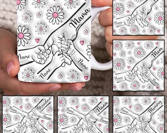 Anpassad 3D-uppblåst mugg för upp till 6 barn som håller mammas hand, mall för mammas 30 cl mugg, blommig 30 cl mugg för mamma, kaffemuggar för mors dag, png