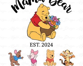 May include: A Winnie the Pooh themed family print with the text "Mama Bear Est. 2024". The print features Winnie the Pooh holding a pot of flowers, along with four other characters: Tigger, Piglet, Roo, and a bear cub. The names Liam, Lucas, Oliver, and Jack are written below each character.