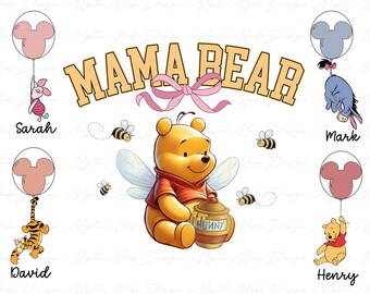 May include: A yellow and orange Winnie the Pooh character with a pink bow and a jar of honey. The image also includes five other characters, including a pig, a donkey, a tiger, and two bears. The text "Mama Bear" is written in yellow and orange letters.