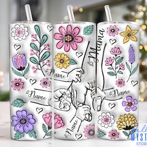Vaso inflado 3D de 20 oz (PNG) personalizado para hasta 6 niños de la mano de mamá, vaso del Día de la Madre de 20 oz (PNG), envoltura floral para vaso de 20 oz con diseño de mamá