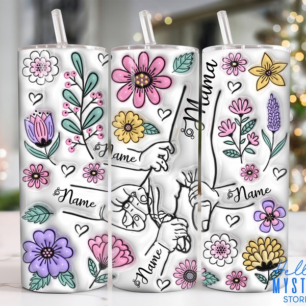 Custom Up to 6 Kids Holding Mom‘s Hand 3D Inflated 20oz Tumbler Png, Mothers Day Tumbler 20oz Png, Floral Mom 20 oz Tumbler Wrap