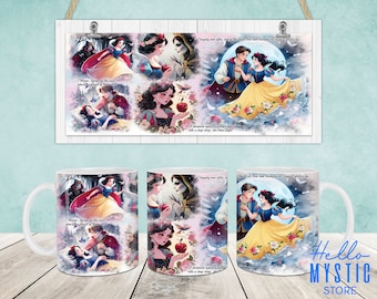 May include: Two white ceramic mugs with a colorful illustration of Snow White and the Seven Dwarfs. The mugs feature scenes from the classic fairy tale, including Snow White meeting the Prince, the Evil Queen, and the dwarfs. The mugs are a great way to enjoy your favorite beverage while celebrating the magic of Disney.