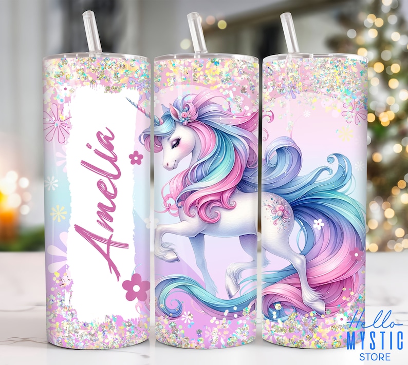 May include: A pink and blue glitter tumbler with a unicorn design and the name Amelia. The tumbler has a straw and a pink and blue glitter background.