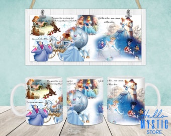 May include: White ceramic mug with a colorful image of Cinderella and Prince Charming from the Disney movie Cinderella. The image includes the text "So this is love, mm-mm, so this is love".