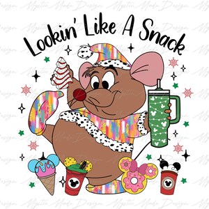 May include: A cartoon mouse wearing a colorful striped sweater and Santa hat, holding a green tumbler and a candy cane. The mouse is surrounded by various holiday-themed snacks, including a donut, ice cream cone, and a cup of coffee.