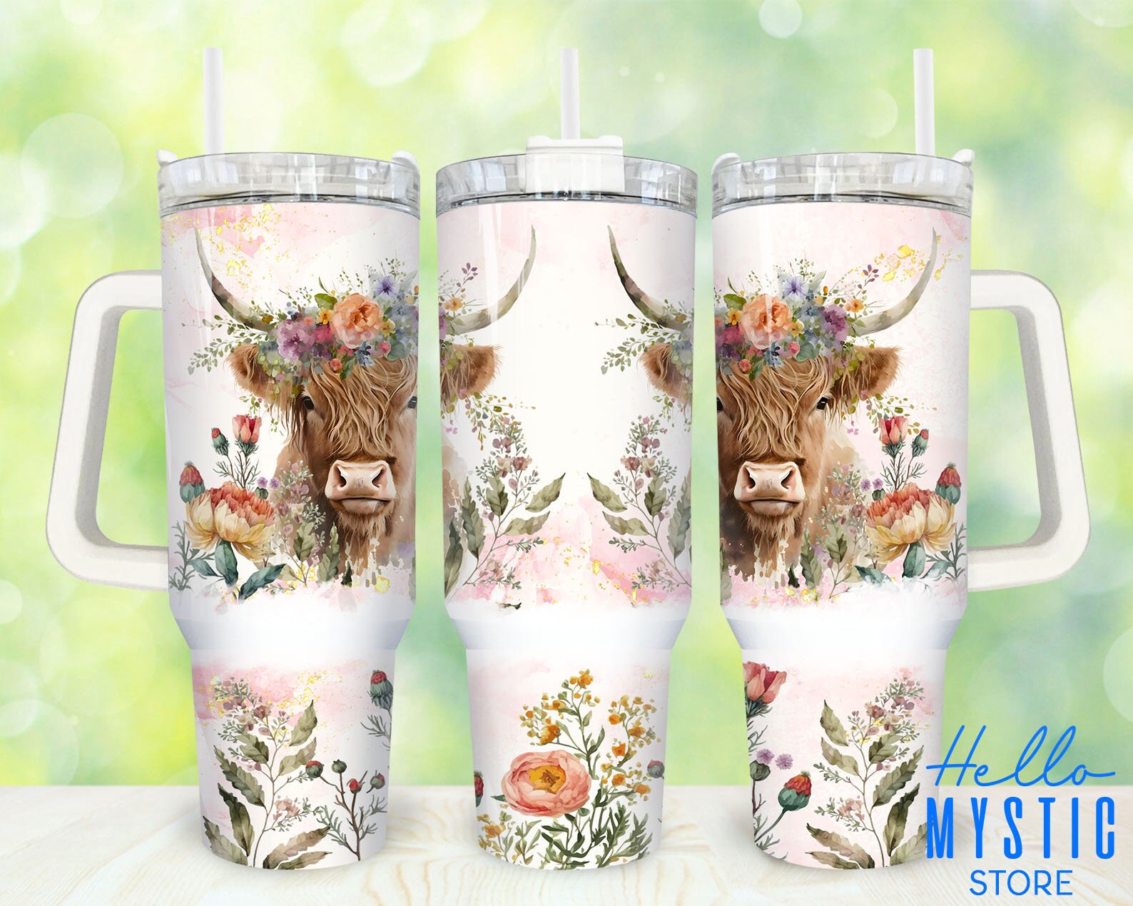 Highland Cow Pink Flowers 40oz Tumbler Png, Highland Cow Boho Flowers ...