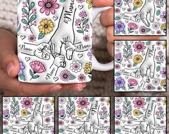 Anpassad 3D-uppblåst mugg för upp till 6 barn som håller mammas hand, mall för mammas 30 cl mugg, blommig 30 cl mugg för mamma, kaffemuggar för mors dag, png