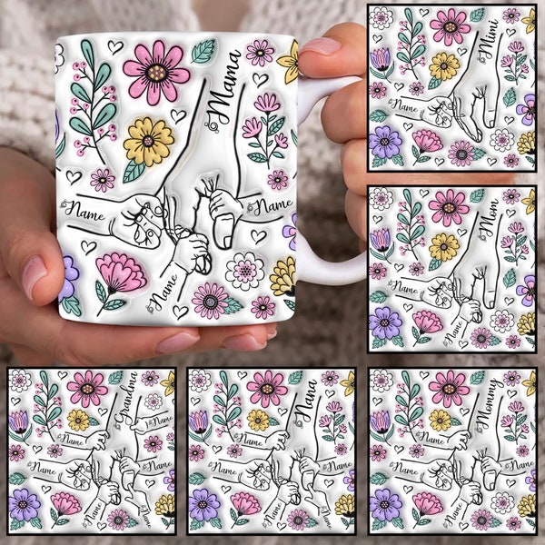 Custom Up to 6 Kids Holding Mom‘s Hand 3D Inflated Mug Wrap, Mama 11oz Mug Template, Mom Floral 11oz Mug Png, Mothers Day Coffee Mugs Png