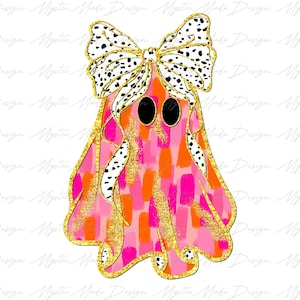 May include: A whimsical ghost illustration with a large bow. The ghost is pink and orange with gold glitter accents. The bow is white with black spots. The design has the text "Mystic Made Design" repeated.