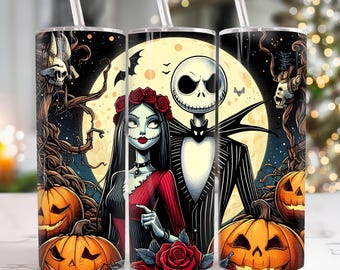 Halloween Couple 20oz Tumbler Png, Nightmare Tumbler 20oz Png, Halloween 20 oz Tumbler Wrap, Horror Characters 20 oz Skinny Tumbler Png