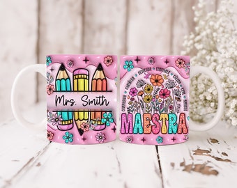 Personalized Pink Maestra 3D Inflated Mug Wrap, Teacher 11oz & 15oz Mug Template, Teacher Life 11oz Mug Png, 15oz Mug Png, Coffee Mugs Png