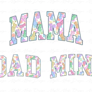 May include: A graphic design featuring the words "MAMA DAD MINI" in a blue outlined font. The letters are filled with a pattern of pastel pink, blue, yellow, and green Peeps candy.