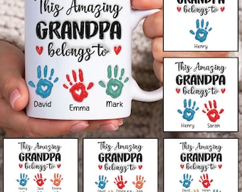 Personalized Grandpa Handprint Up to 6 Kids Mug Wrap, Dad 3D Inflated 11oz Mug Template, Fathers Day 11oz Mug Png, Father Coffee Mugs Png
