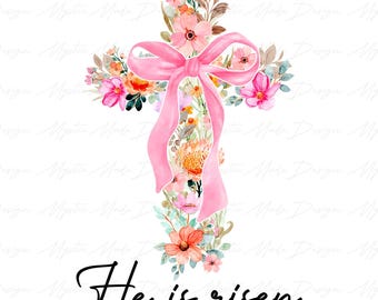He is Risen Coquette Bow Png, Floral Cross Bow png, Floral Spring Png, Easter Christian Png, Jesus Easter Png, Easter Png, Easter bunny Png